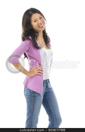 To use this stock image in your creative project, please select the size you need over to the right and click the "Add to Cart" button.
Your downloaded image will come with the Cutcaster watermark removed so don’t worry about the watermark you see on this page. Asian female stock photo, 30s confident pan Asian female smiling over white background by szefei