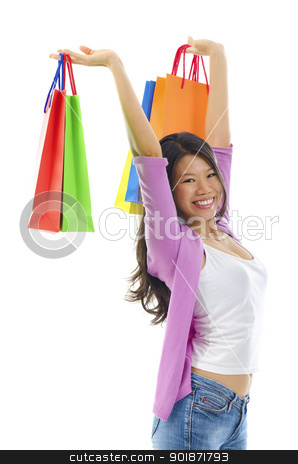 To use this stock image in your creative project, please select the size you need over to the right and click the "Add to Cart" button.
Your downloaded image will come with the Cutcaster watermark removed so don’t worry about the watermark you see on this page. Happy shopper stock photo, Happy shopper holding shopping bag high over white background by szefei