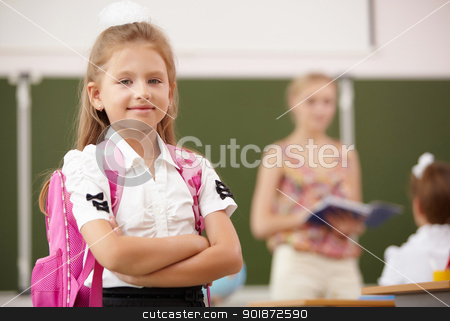 To use this stock image in your creative project, please select the size you need over to the right and click the "Add to Cart" button.
Your downloaded image will come with the Cutcaster watermark removed so don’t worry about the watermark you see on this page. Little girl at school class stock photo, Little blonde girl studying at school class by Sergey Nivens