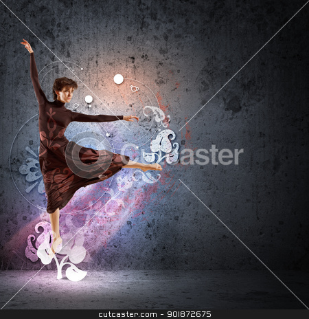 Girl in color dress dancing.Collage Girl in color dress dancing.Collage stock photo, Girl dancing in a color dress with a gray background. Collage by Sergey Nivens