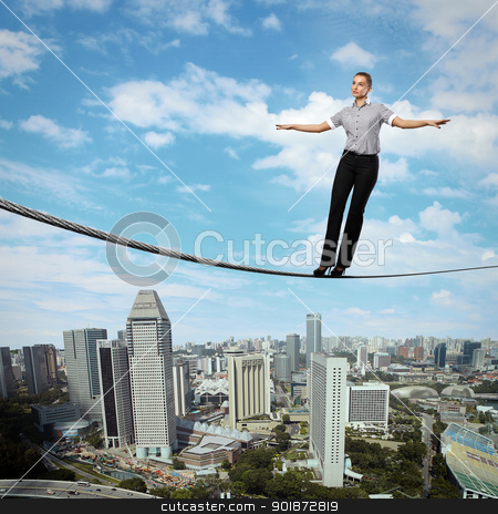To use this stock image in your creative project, please select the size you need over to the right and click the "Add to Cart" button.
Your downloaded image will come with the Cutcaster watermark removed so don’t worry about the watermark you see on this page. Balancing businesswoman and cityscape stock photo, Business woman balancing high over a cityscape by Sergey Nivens