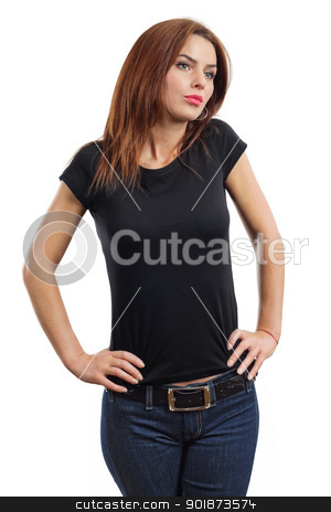 To use this stock image in your creative project, please select the size you need over to the right and click the "Add to Cart" button.
Your downloaded image will come with the Cutcaster watermark removed so don’t worry about the watermark you see on this page. Sexy brunette wearing blank black shirt stock photo, Young beautiful brunette female with blank black shirt. Ready for your design or artwork. by © Ron Sumners