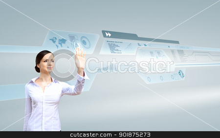 To use this stock image in your creative project, please select the size you need over to the right and click the "Add to Cart" button.
Your downloaded image will come with the Cutcaster watermark removed so don’t worry about the watermark you see on this page. Businesswoman and touch screen technology stock photo, Young woman in business wear working with digital touch screen by Sergey Nivens
