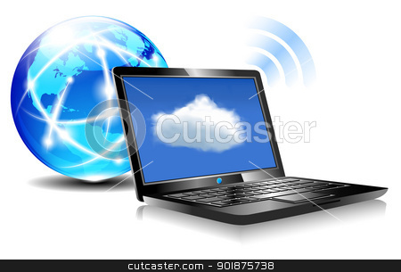 Laptop Cloud Connection Laptop Cloud Connection stock vector clipart, Client computers communicating with resources located in the cloud by Fenton