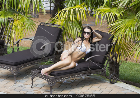 To use this stock image in your creative project, please select the size you need over to the right and click the "Add to Cart" button.
Your downloaded image will come with the Cutcaster watermark removed so don’t worry about the watermark you see on this page. Pool Model stock photo, Beautiful bikini model lounges at the pool on a summer day by Walter Arce