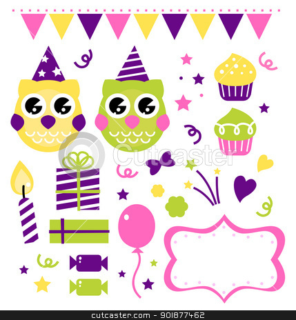 Owl birthday party design elements isolated on white Owl birthday party design elements isolated on white stock vector clipart, Owl set for your birthday party. Vector cartoon illustration by Jana Guothova