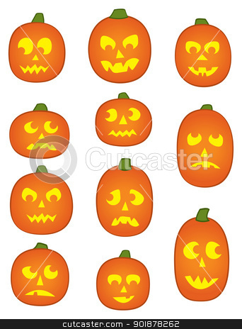 Eleven Pumpkin Faces Eleven Pumpkin Faces stock vector clipart, Eleven Jack o' Lantern Pumpkins with funny and mean facial expressions. by Jamie Slavy
