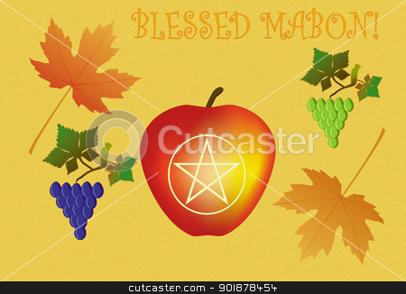 Mabon greeting card Mabon greeting card stock vector clipart, Sacred Mabon, important Wiccan holiday, autumn equinox day, September 22, day of fruits by Viacheslav Belyaev