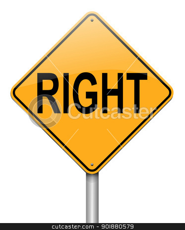 Right concept. Right concept. stock photo, Illustration depicting a roadsign with a right concept. White background. by Samantha Craddock