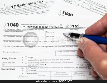 To use this stock image in your creative project, please select the size you need over to the right and click the "Add to Cart" button.
Your downloaded image will come with the Cutcaster watermark removed so don’t worry about the watermark you see on this page. USA tax form 1040 for year 2012 stock photo, Tax form 1040 for tax year 2012 for US individual tax return with hand by Steven Heap