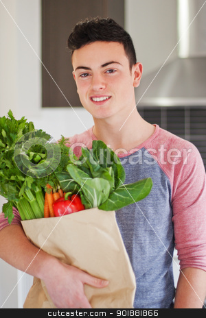 To use this stock image in your creative project, please select the size you need over to the right and click the "Add to Cart" button.
Your downloaded image will come with the Cutcaster watermark removed so don’t worry about the watermark you see on this page. Good looking young man holding bag of fresh groceries stock photo, Good looking young man holding bag of fresh groceries by Stephen Laurence
