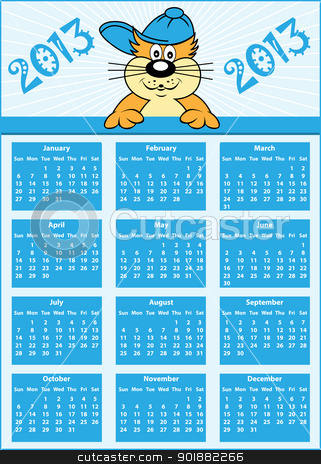 To use this stock image in your creative project, please select the size you need over to the right and click the "Add to Cart" button.
Your downloaded image will come with the Cutcaster watermark removed so don’t worry about the watermark you see on this page. Calendar 2013 full year stock vector clipart, Calendar 2013 full year with cat cartoon character wearing baseball cap by toots77