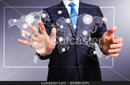 To use this stock image in your creative project, please select the size you need over to the right and click the "Add to Cart" button.
Your downloaded image will come with the Cutcaster watermark removed so don’t worry about the watermark you see on this page. Businessman pressing social media icon stock photo, Businessman in suit pressing social media icon by Sergey Nivens