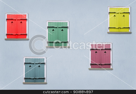 To use this stock image in your creative project, please select the size you need over to the right and click the "Add to Cart" button.
Your downloaded image will come with the Cutcaster watermark removed so don’t worry about the watermark you see on this page. Shutters stock photo, closed windows with colorful shutters in the blue house wall by Sergej Razvodovskij