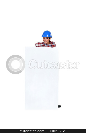To use this stock image in your creative project, please select the size you need over to the right and click the "Add to Cart" button.
Your downloaded image will come with the Cutcaster watermark removed so don’t worry about the watermark you see on this page. cheerful woman behind white sign stock photo, cheerful woman behind white sign by photography33