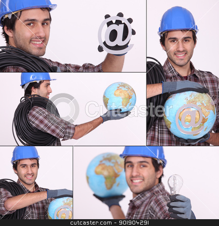 To use this stock image in your creative project, please select the size you need over to the right and click the "Add to Cart" button.
Your downloaded image will come with the Cutcaster watermark removed so don’t worry about the watermark you see on this page. an electrician, a globe and an @ stock photo, an electrician, a globe and an @ by photography33