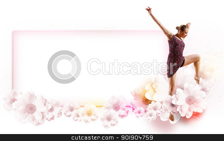 Girl in color dress dancing.Collage Girl in color dress dancing.Collage stock photo, Girl dancing in a color dress with a gray background. Collage with place for text by Sergey Nivens