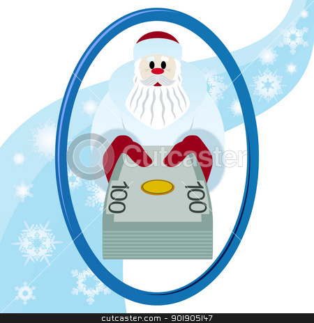 Santa Claus with money Santa Claus with money stock vector clipart, Santa Claus with a bundle of banknotes. Illustration on white background by Sergey Skryl