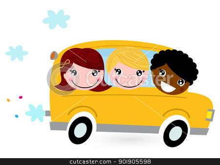 Yellow school bus with kids isolated on white Yellow school bus with kids isolated on white stock vector clipart, School children riding in a school bus. Vector by Jana Guothova