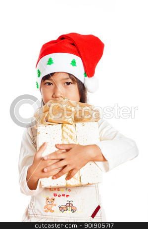 Little girle Little girle stock photo, Happy little girle with Christmas gift isolated on white background by p.studio66