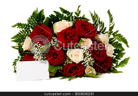 Flowers and blank card Flowers and blank card stock photo, Bouquet of rose flowers with a blank gift card, isolated on white background by Lars Christensen