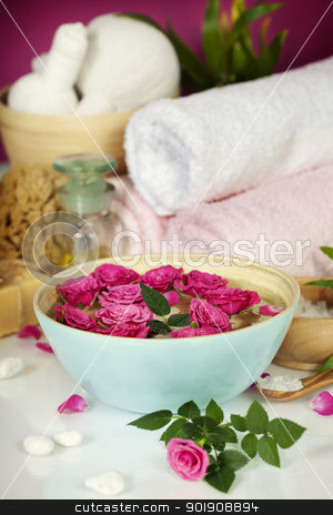 To use this stock image in your creative project, please select the size you need over to the right and click the "Add to Cart" button.
Your downloaded image will come with the Cutcaster watermark removed so don’t worry about the watermark you see on this page. Spa composition stock photo, Spa setting with flowers, sea salt, towels and essential oil by klenova