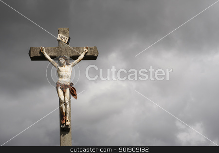 To use this stock image in your creative project, please select the size you need over to the right and click the "Add to Cart" button.
Your downloaded image will come with the Cutcaster watermark removed so don’t worry about the watermark you see on this page. Jesus Christ crucifixion sculpture stock photo, Jesus Christ crucifixion sculpture against dark clouds by steve ball