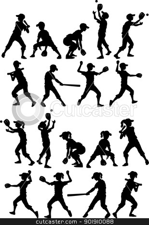 Baseball or Softball Silhouettes Kids Boys and Girls Baseball or Softball Silhouettes Kids Boys and Girls stock vector clipart, Baseball or Softball Players Silhouettes of Kids - Boys and Girls by chromaco