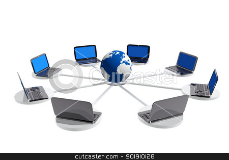 Laptops connected to a world globe Laptops connected to a world globe stock photo, Laptops connected to a world globe by genialbaron