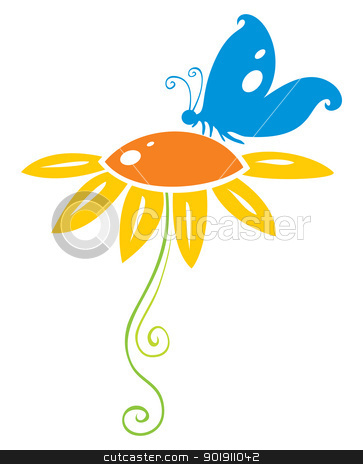 To use this stock image in your creative project, please select the size you need over to the right and click the "Add to Cart" button.
Your downloaded image will come with the Cutcaster watermark removed so don’t worry about the watermark you see on this page. Butterfly on flower stock vector clipart, Decorative symbol of blue butterfly on orange flower by Oxygen64