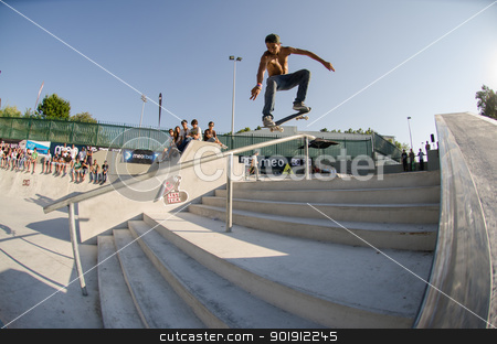 To use this stock image in your creative project, please select the size you need over to the right and click the "Add to Cart" button.
Your downloaded image will come with the Cutcaster watermark removed so don’t worry about the watermark you see on this page. Pedro Roseiro stock photo, VISEU, PORTUGAL - JULY 22: Pedro Roseiro at DC Skate challenge by MEO on july 22, 2012 in Viseu, Portugal. by Homydesign