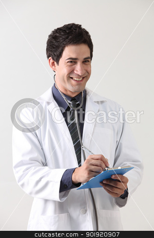 To use this stock image in your creative project, please select the size you need over to the right and click the "Add to Cart" button.
Your downloaded image will come with the Cutcaster watermark removed so don’t worry about the watermark you see on this page. doctor stock photo, Confident doctor with smile at white background by eskaylim