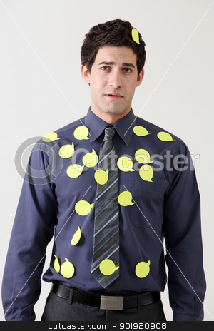 Reminder reminder stock photo, Man covered in speech bubble adhesive notes by eskaylim