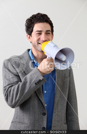 To use this stock image in your creative project, please select the size you need over to the right and click the "Add to Cart" button.
Your downloaded image will come with the Cutcaster watermark removed so don’t worry about the watermark you see on this page. voice out stock photo, Businessman shouting through megaphone by eskaylim
