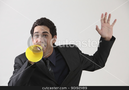 To use this stock image in your creative project, please select the size you need over to the right and click the "Add to Cart" button.
Your downloaded image will come with the Cutcaster watermark removed so don’t worry about the watermark you see on this page. shouting stock photo, Businessman with megaphone shouting by eskaylim