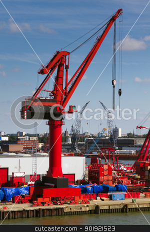 Big red crane in port Big red crane in port stock photo, Big red crane in port on sunny day with blue sky background by Colette Planken-Kooij