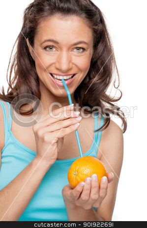 Woman with straw and orange Woman with straw and orange stock photo, Full isolated woman with straw and orange by Picturehunter