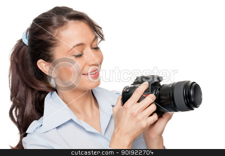 To use this stock image in your creative project, please select the size you need over to the right and click the "Add to Cart" button.
Your downloaded image will come with the Cutcaster watermark removed so don’t worry about the watermark you see on this page. Woman with dslr stock photo, Full isolated woman with dslr by Picturehunter