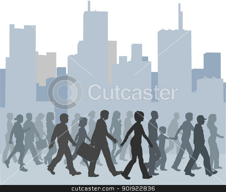 To use this stock image in your creative project, please select the size you need over to the right and click the "Add to Cart" button.
Your downloaded image will come with the Cutcaster watermark removed so don’t worry about the watermark you see on this page. Crowd of people walking city skyline stock vector clipart, Crowd of city people walk together toward something against a buildings skyline by Michael Brown