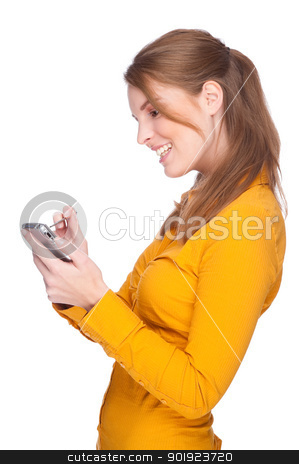 To use this stock image in your creative project, please select the size you need over to the right and click the "Add to Cart" button.
Your downloaded image will come with the Cutcaster watermark removed so don’t worry about the watermark you see on this page. Woman with PDA stock photo, Full isolated studio picture from a young woman with pda (smartphone) by Picturehunter
