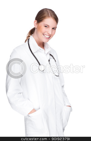 To use this stock image in your creative project, please select the size you need over to the right and click the "Add to Cart" button.
Your downloaded image will come with the Cutcaster watermark removed so don’t worry about the watermark you see on this page. Young doctor stock photo, Full isolated portrait of a beautiful caucasian doctor by Picturehunter