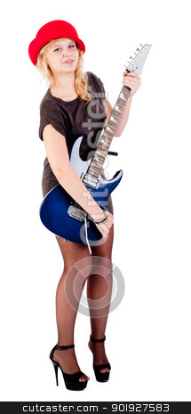 Attractive girl with guitar Attractive girl with guitar stock photo, Young beautiful woman with electric guitar. Isolated on white by Aikon