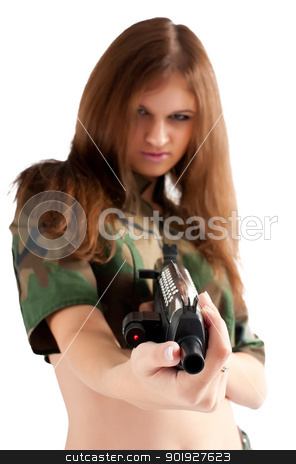 To use this stock image in your creative project, please select the size you need over to the right and click the "Add to Cart" button.
Your downloaded image will come with the Cutcaster watermark removed so don’t worry about the watermark you see on this page. Pretty woman with a gun stock photo, Sexy young woman with a gun isolated on white. Focus on gun by Aikon