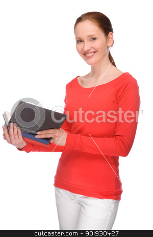 To use this stock image in your creative project, please select the size you need over to the right and click the "Add to Cart" button.
Your downloaded image will come with the Cutcaster watermark removed so don’t worry about the watermark you see on this page. Young woman with books stock photo, Full isolated portrait of a beautiful and happy young student by Picturehunter