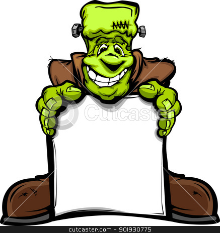 Happy Frankenstein Halloween Monster with Sign Cartoon Vector Il Happy Frankenstein Halloween Monster with Sign Cartoon Vector Il stock vector clipart, Cartoon Vector Image of a Happy Halloween Monster Frankenstein Head Holding a Sign by chromaco