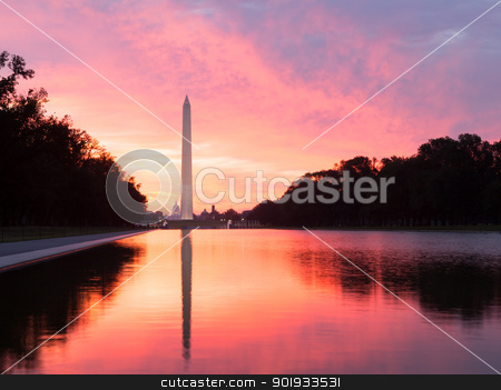 To use this stock image in your creative project, please select the size you need over to the right and click the "Add to Cart" button.
Your downloaded image will come with the Cutcaster watermark removed so don’t worry about the watermark you see on this page. Brilliant sunrise over reflecting pool DC stock photo, Bright red and orange sunrise at dawn reflects Washington Monument in new reflecting pool by Lincoln Memorial by Steven Heap