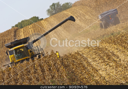 Iowa Cornfields Iowa Cornfields stock photo, A combine and a tractor work to harvest a Midwest corn crop in Northeast Iowa. by Walter Arce