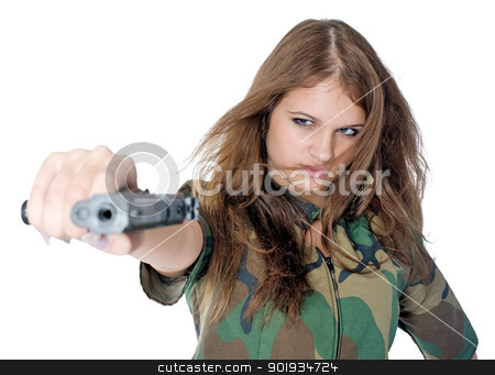 To use this stock image in your creative project, please select the size you need over to the right and click the "Add to Cart" button.
Your downloaded image will come with the Cutcaster watermark removed so don’t worry about the watermark you see on this page. Pretty woman with a gun stock photo, Sexy young woman with a gun isolated on white by Aikon