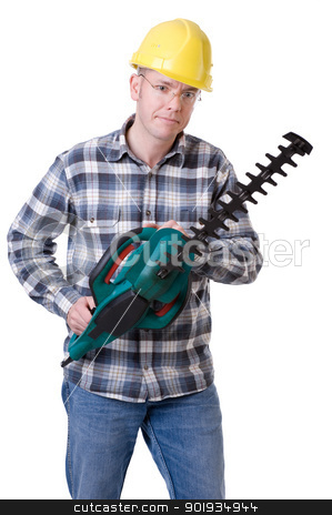 Gardener with hedge trimmer Gardener with hedge trimmer stock photo, Full isolated studio picture from a young gardener with a hedge trimmer by Picturehunter
