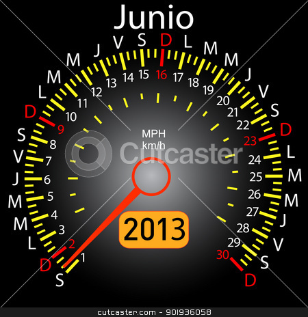 To use this stock image in your creative project, please select the size you need over to the right and click the "Add to Cart" button.
Your downloaded image will come with the Cutcaster watermark removed so don’t worry about the watermark you see on this page. 2013 year calendar speedometer car in Spanish. June stock photo, 2013 year calendar speedometer car in Spanish. June by aarrows